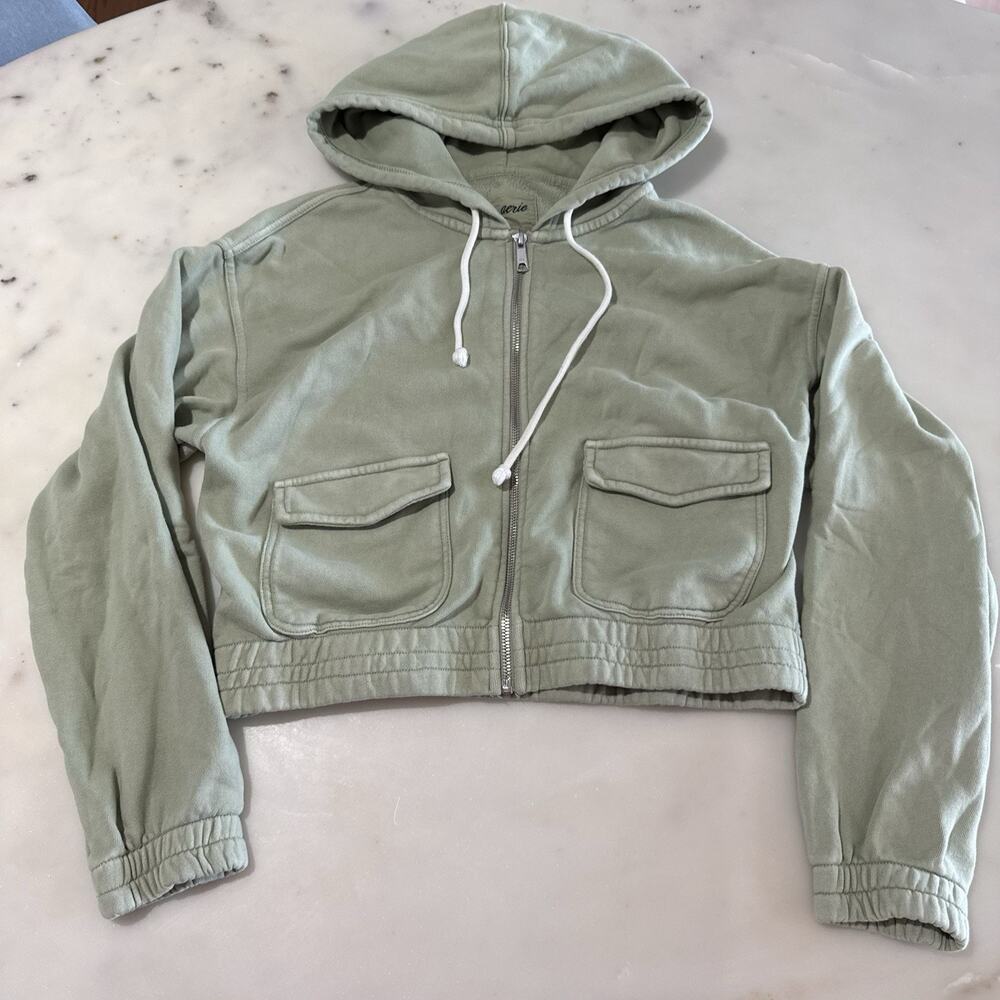 Aerie Women’s S Cropped Full Zip Hoodie Cargo Pocket Loungewear Sage Green